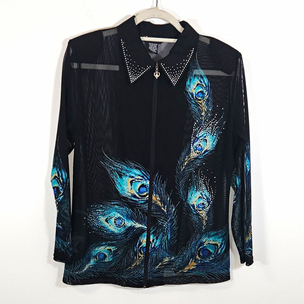 Vintage Valentina Sheer Embellished Peacock Feather Zip Up Jacket LARGE
